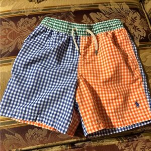 Polo by Ralph Lauren Kids Gingham Swim Trunks - Blue, Orange, and Green